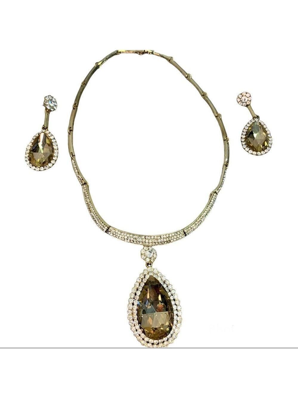 TAN brown gem jewelled rhinestone embellished oval teardrop necklace earring set